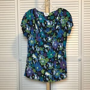 Chaus Floral Cowl Neck Short Sleeve Blouse M